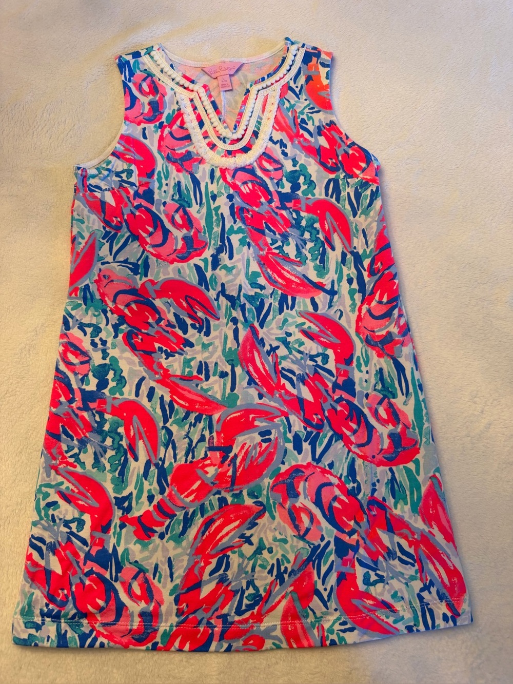 Like New, Lilly Pulitzer Girls Cosmic Coral Cracked Up Lobster Dress, L(8-10)